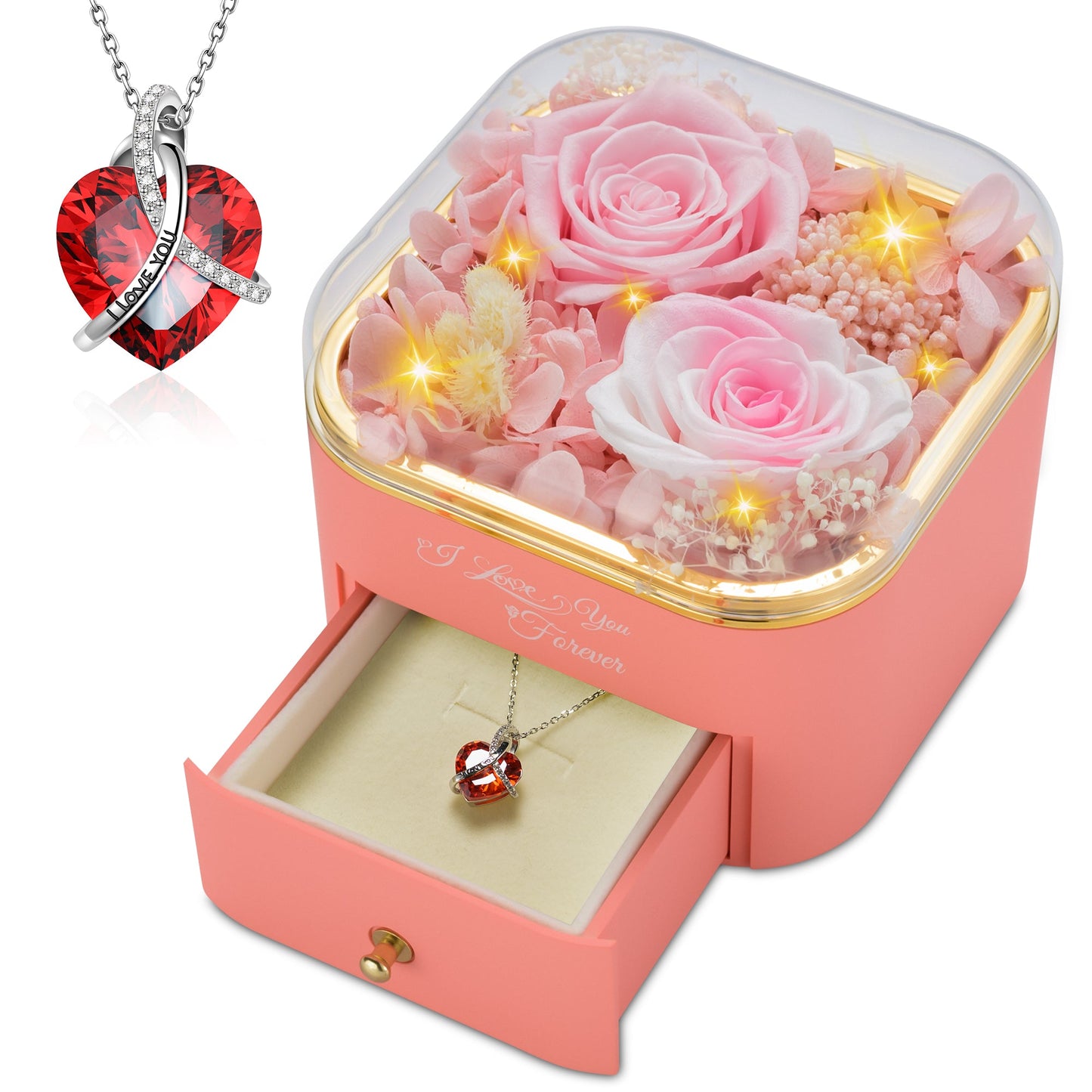 Preserved Pink Real Rose with Necklace