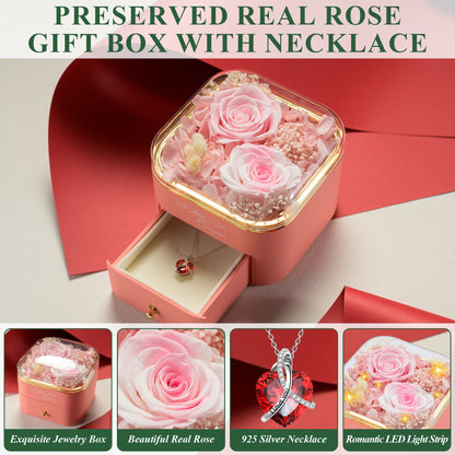 Preserved Pink Real Rose with Necklace