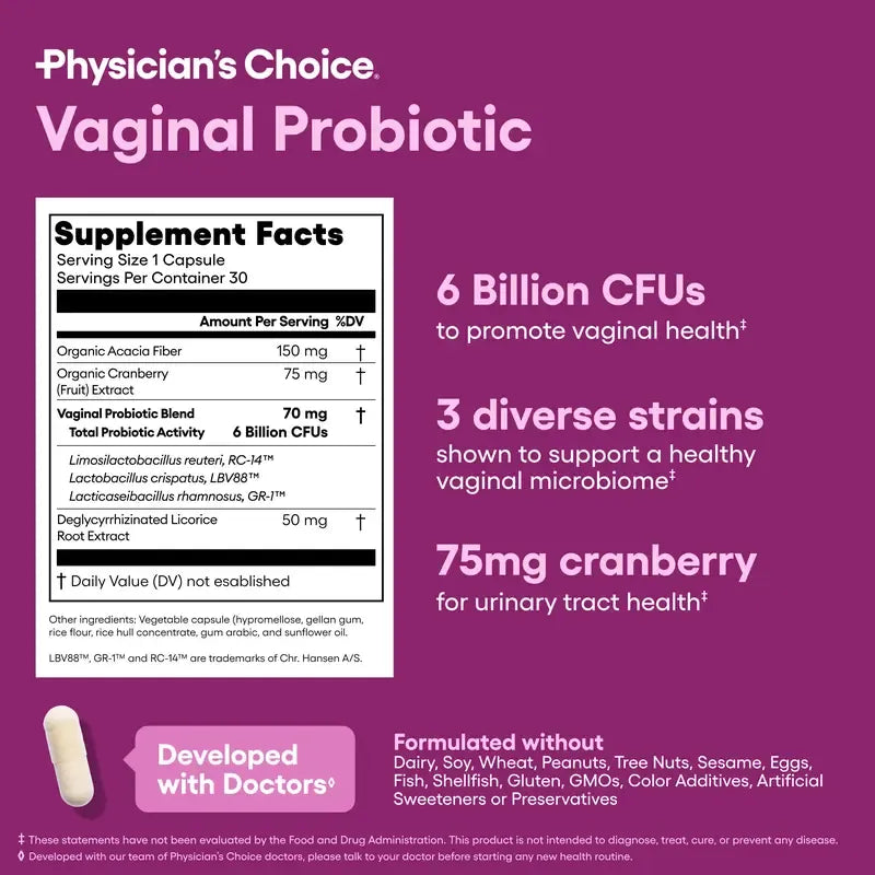 Physician's Choice Vaginal Probiotic - Odor Control, pH Balance & Daily Feminine Health Support with Cranberry and Prebiotics for Women