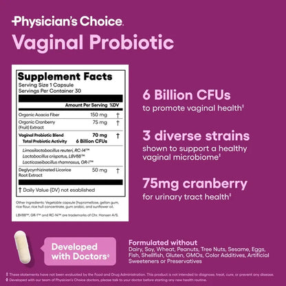 Physician's Choice Vaginal Probiotic - Odor Control, pH Balance & Daily Feminine Health Support with Cranberry and Prebiotics for Women